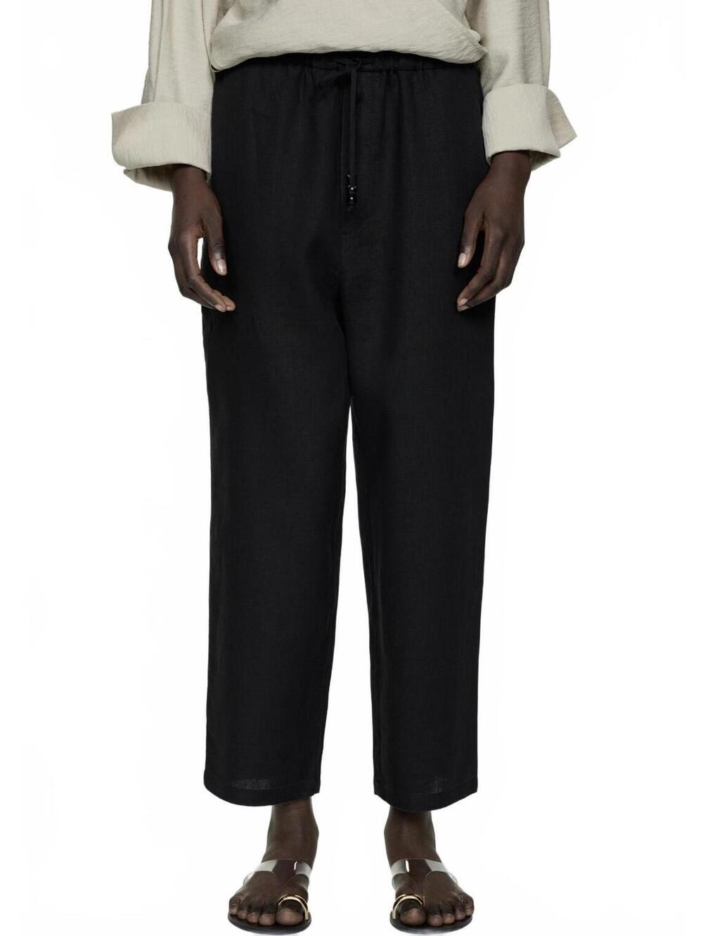 Mango Linen Pants with Drawstring Black Size Small